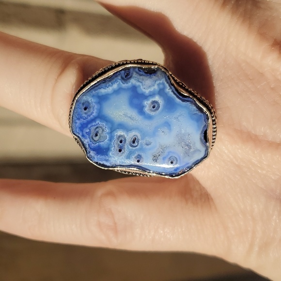 New Blue Solar Quartz Agate Druzy 925 Silver Statement Ring. - Picture 14 of 16